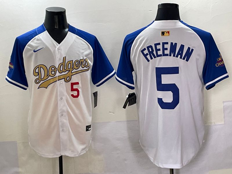 Men Los Angeles Dodgers #5 Freeman White Blue Champion gold character Nike 2025 MLB Jersey style 5053